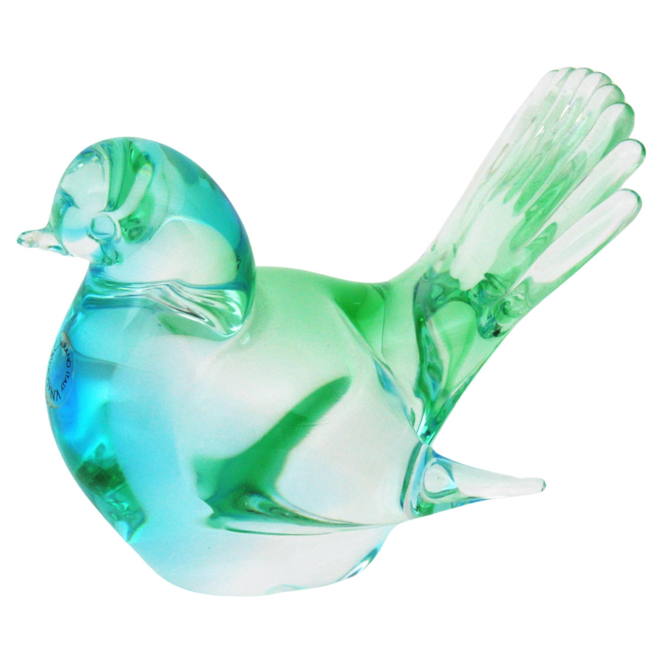 Vincenzo Nason Murano Art Glass Green Blue Bird Paperweight Figurine For Sale