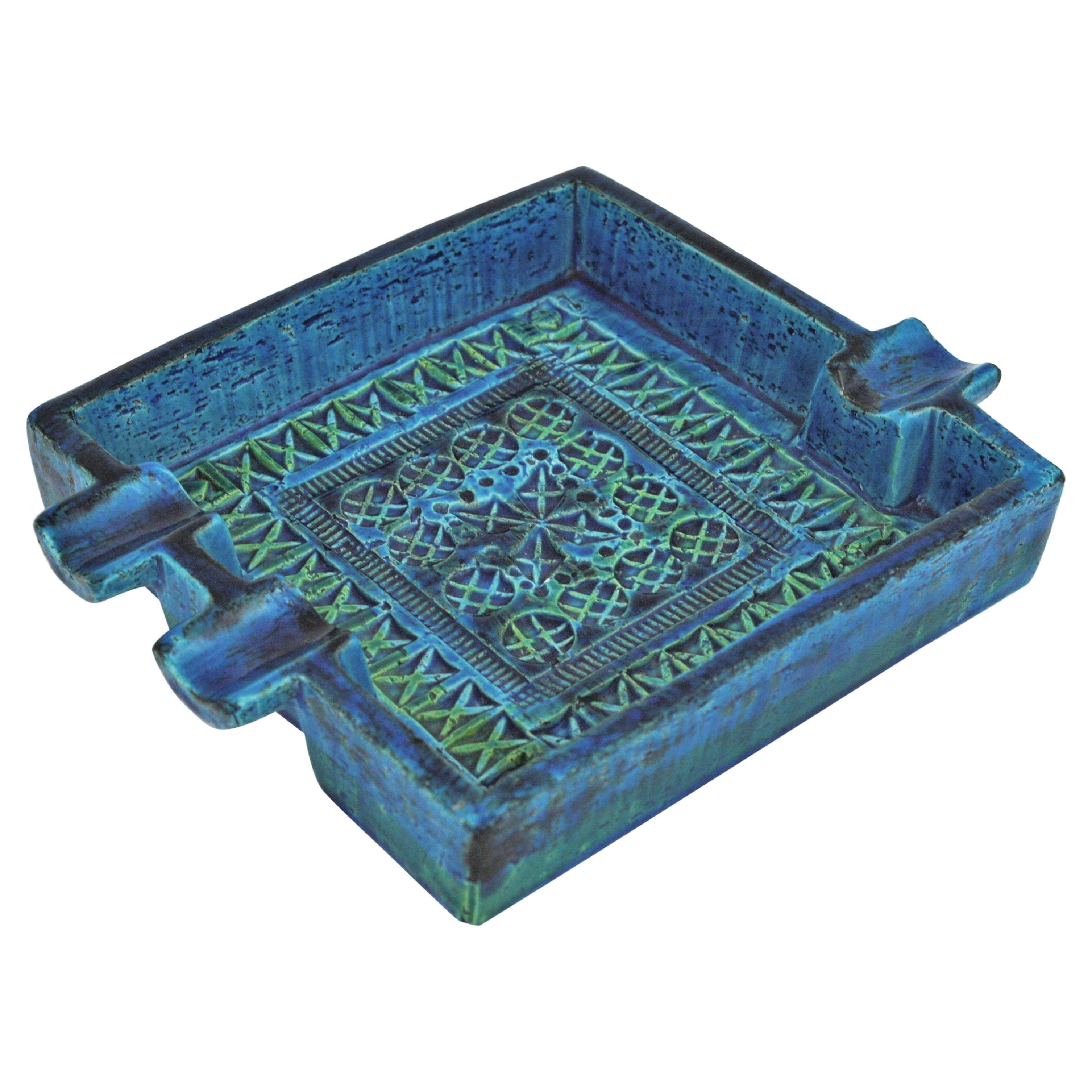 Großer quadratischer Aschenbecher aus glasierter Keramik von Bitossi Aldo Londi Rimini in Blau im Angebot
