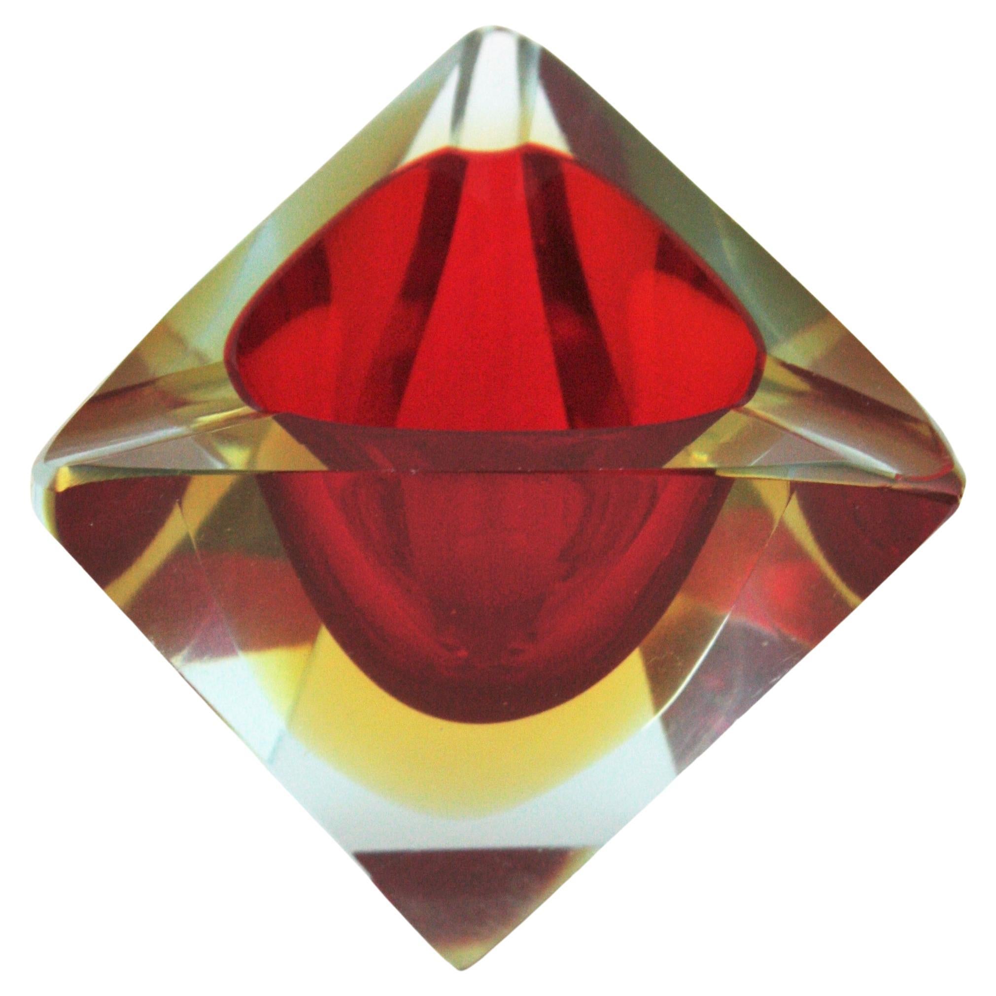 Flavio Poli Murano Sommerso Triangular Art Glass Bowl / Ashtray, Red & Yellow