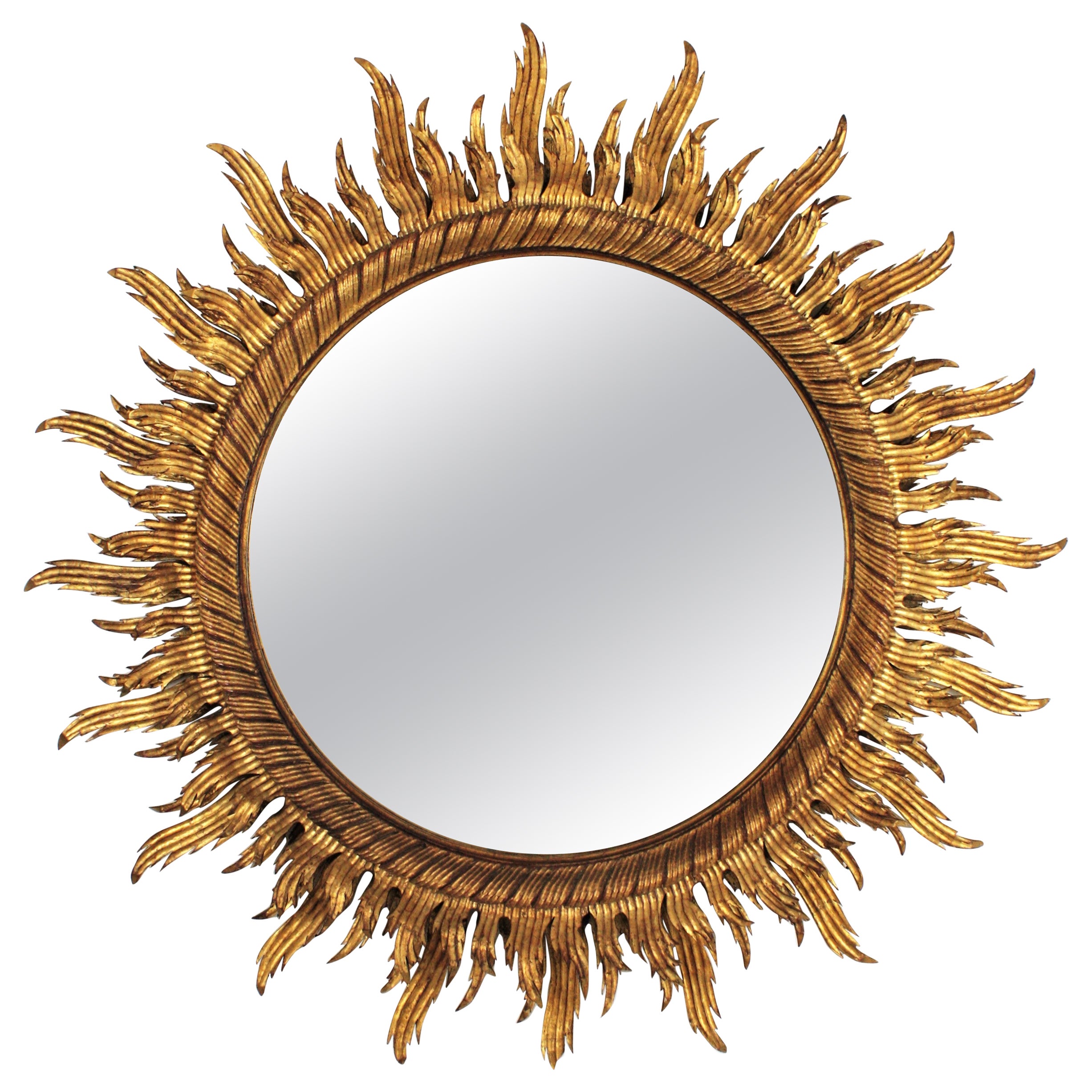 Oversized Gilt Sunburst Mirror in Carved Wood, 52 inches For Sale
