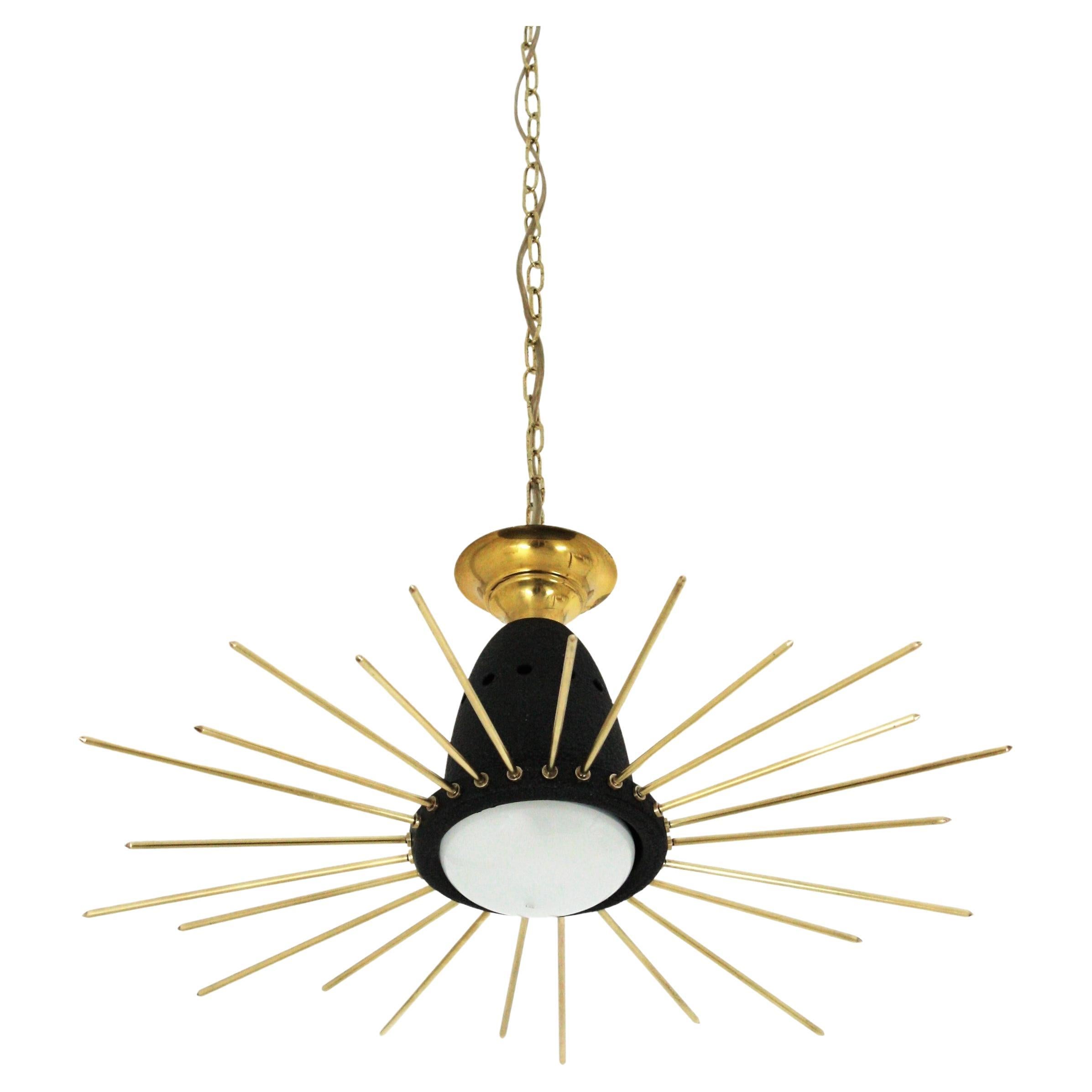 Mid-Century Modern Italian Sunburst Flush Mount Pendant Light, Brass and Black Metal, 1950s For Sale