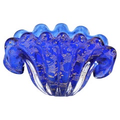 Archimede Seguso Murano Blue Gold Flecks Art Glass Large Clam Shell Bowl