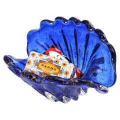 Archimede Seguso Murano Blue Gold Flecks Art Glass Large Clam Shell Bowl, 1950