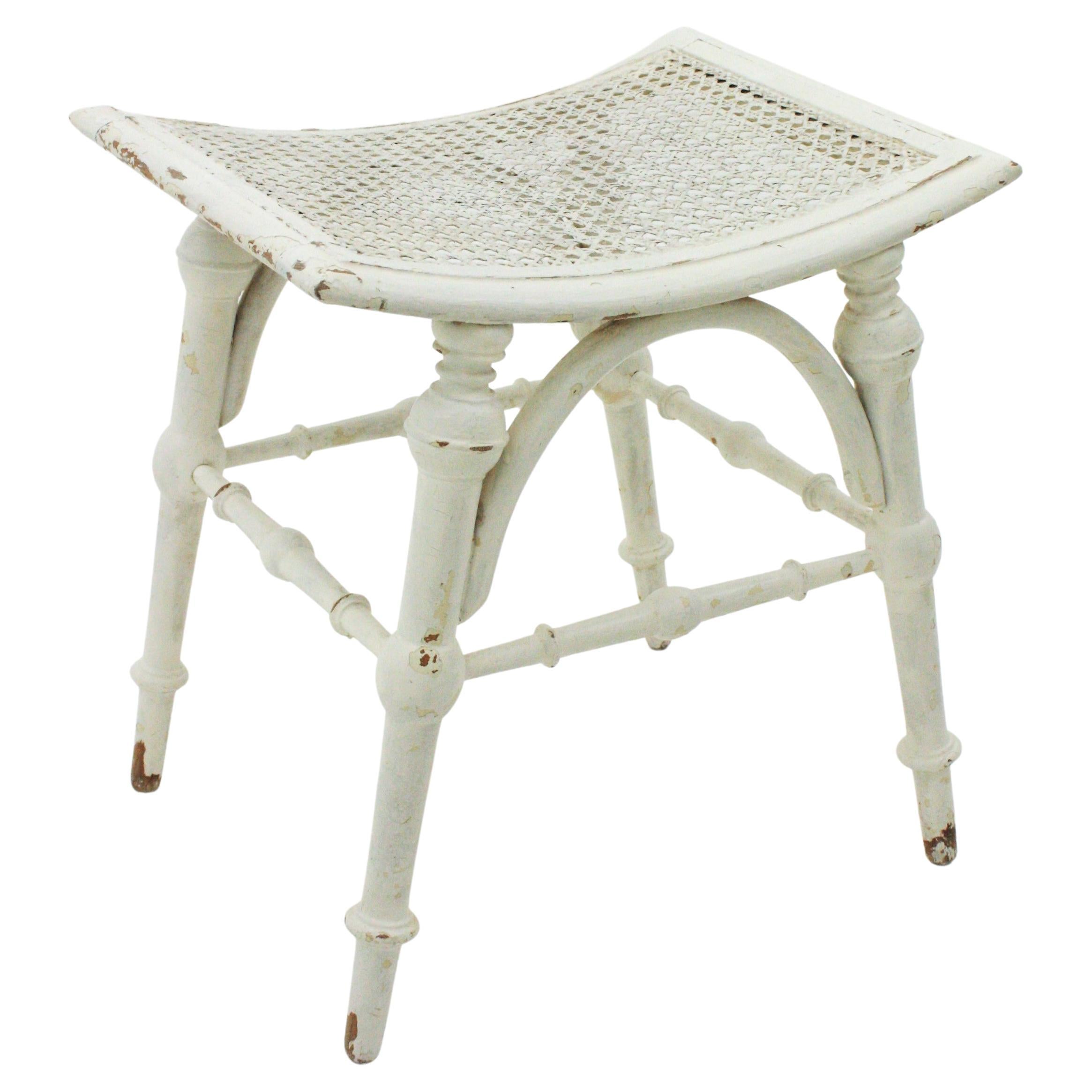 Chippendale Stool in White Patina, Cane and Wood