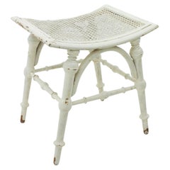 Used White Patinated Wood Stool with Cane Seat, Chippendale Style