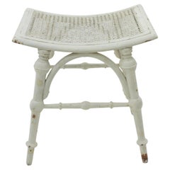 White Patinated Wood Stool with Cane Seat, Chippendale Style