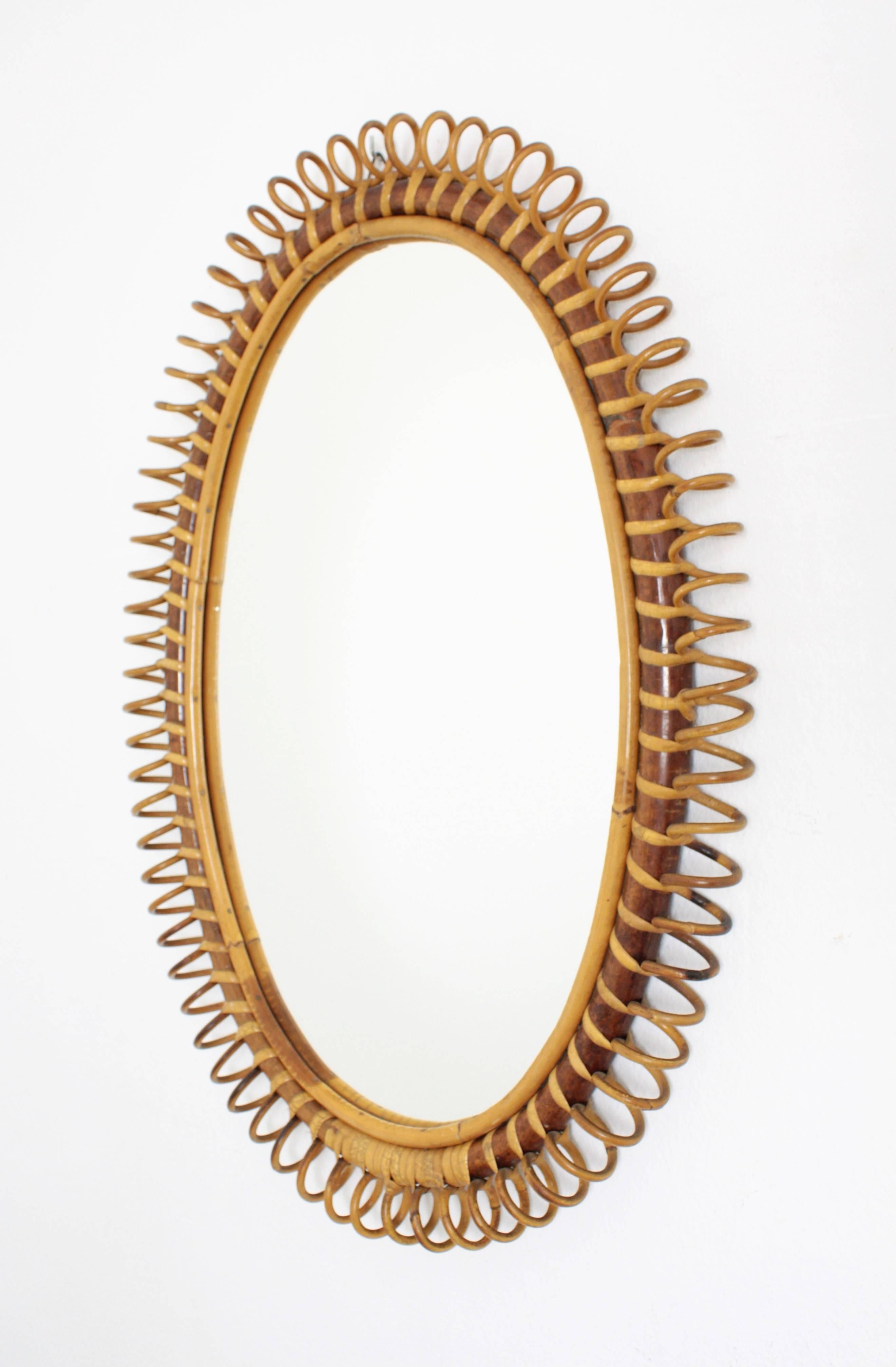 Mid-20th Century 1950s Italian Riviera Spiral Bamboo and Rattan Oval Mirror