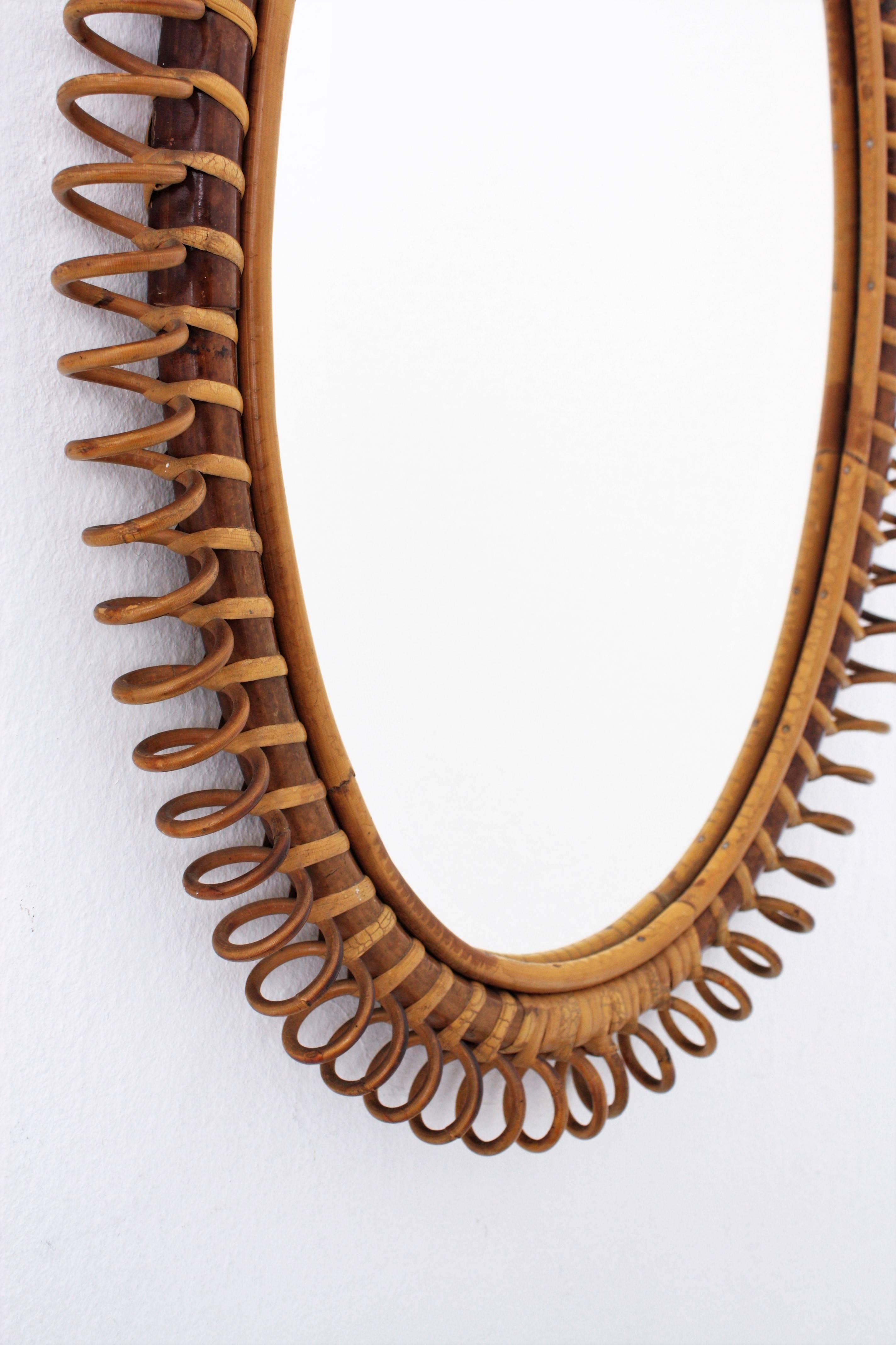 1950s Italian Riviera Spiral Bamboo and Rattan Oval Mirror In Excellent Condition In Barcelona, ES