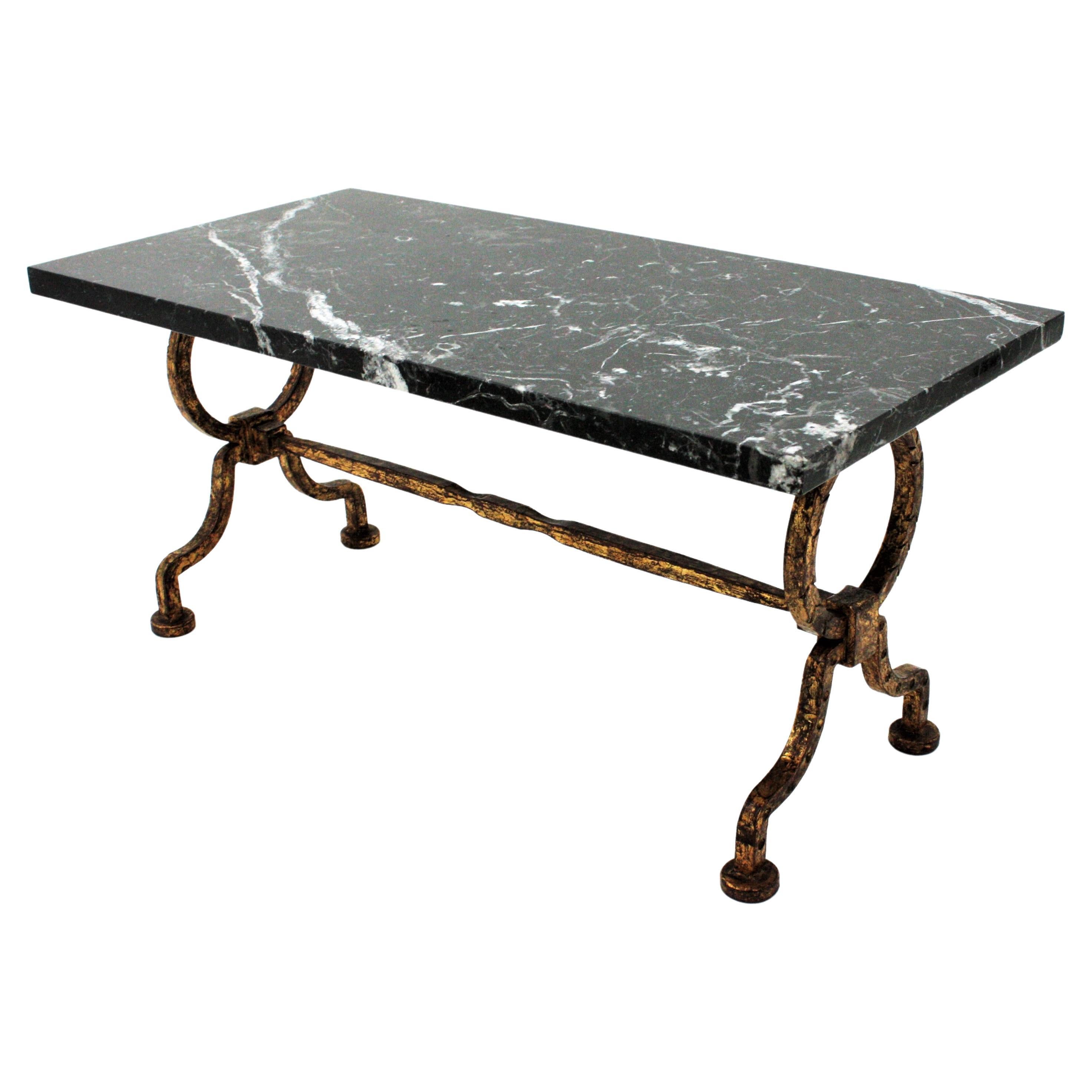 Gilbert Poillerat Coffee Table in Gilt Iron with Black Marble Top