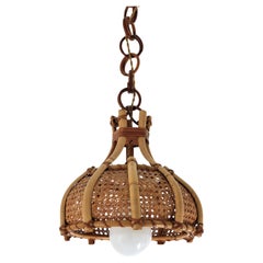 Italian Modernist Bell Pendant Light in Wicker Weave and Bamboo, 1960