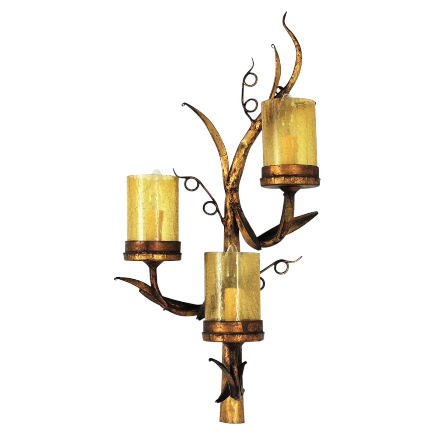 1950s Three-Light Foliage Branch Wall Sconce in Gilt Iron, Organic Design For Sale