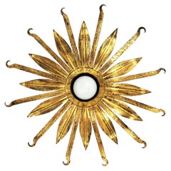 Spanish Sunburst Flower Light Fixture in Gilt Iron, 1960s