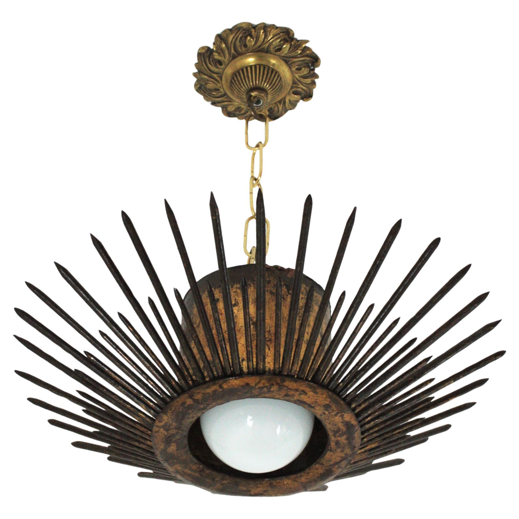 Pair of Gilt Iron Sunburst Brutalist Light Fixtures / Pendants with Nail Design
