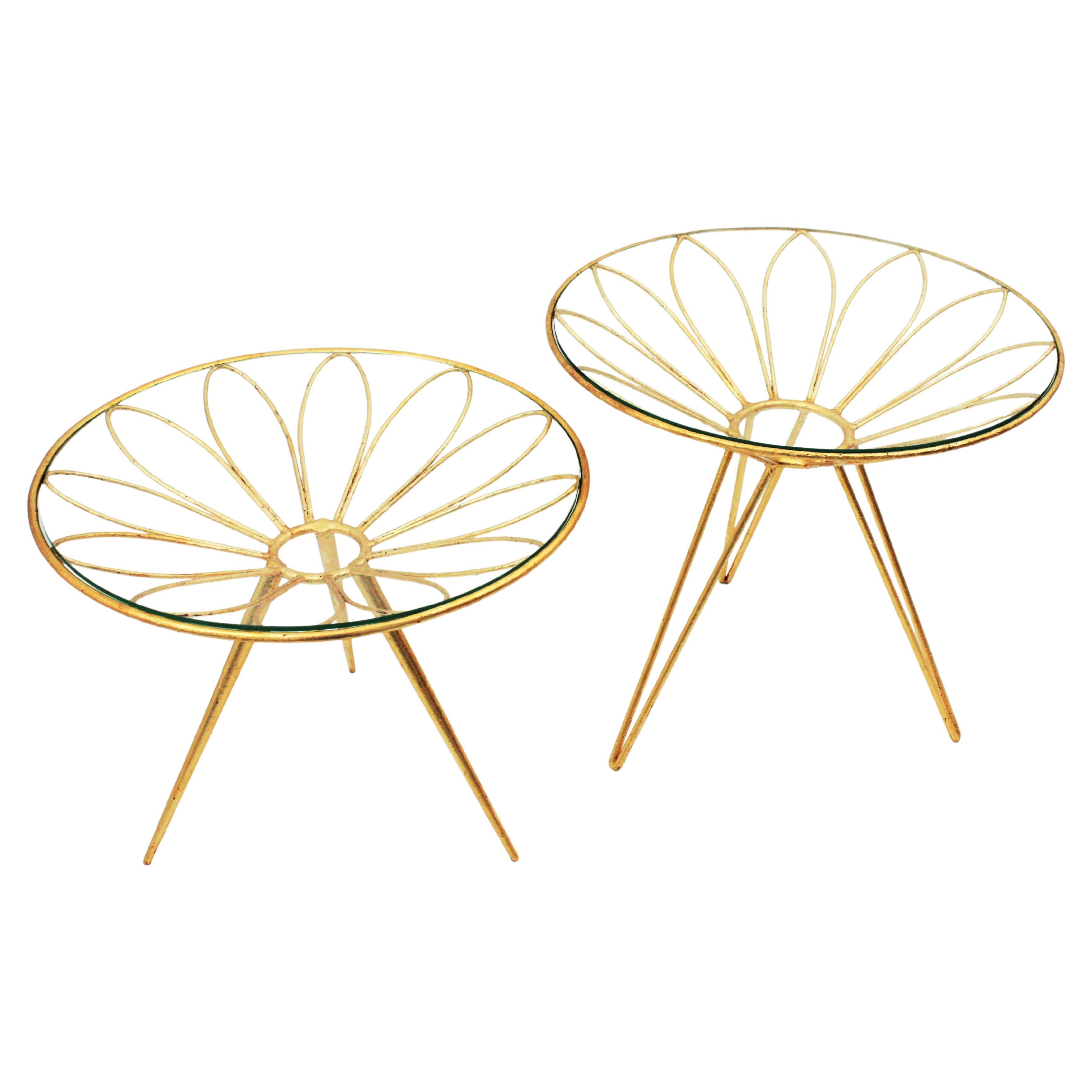 Round Side Tables in Gilt Iron with Daisy Flower Design, 1950s