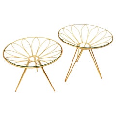 Vintage Round Side Tables in Gilt Iron with Daisy Flower Design, 1950s