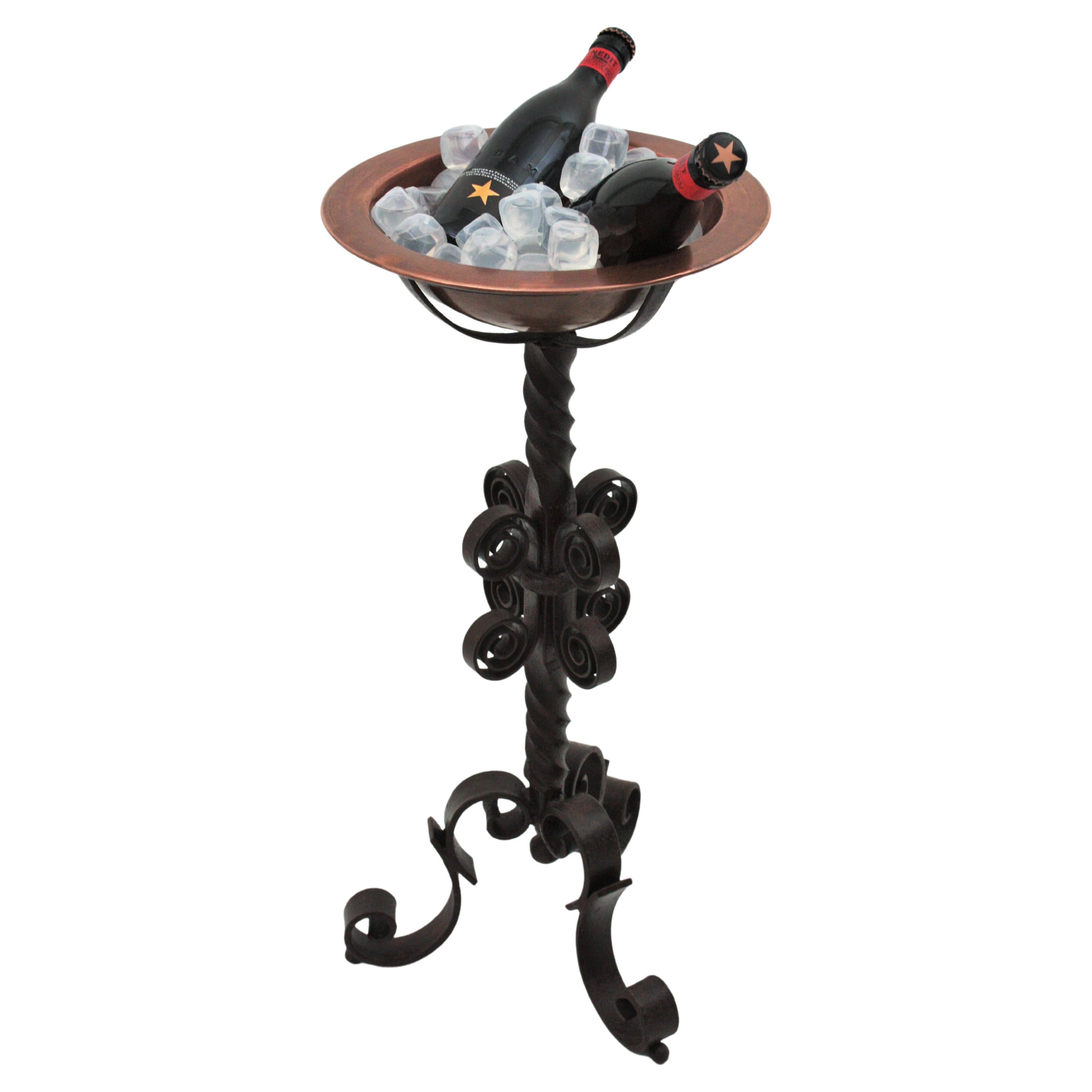 Spanish Champagne Wine Cooler on Stand, Copper and Wrought Iron For Sale