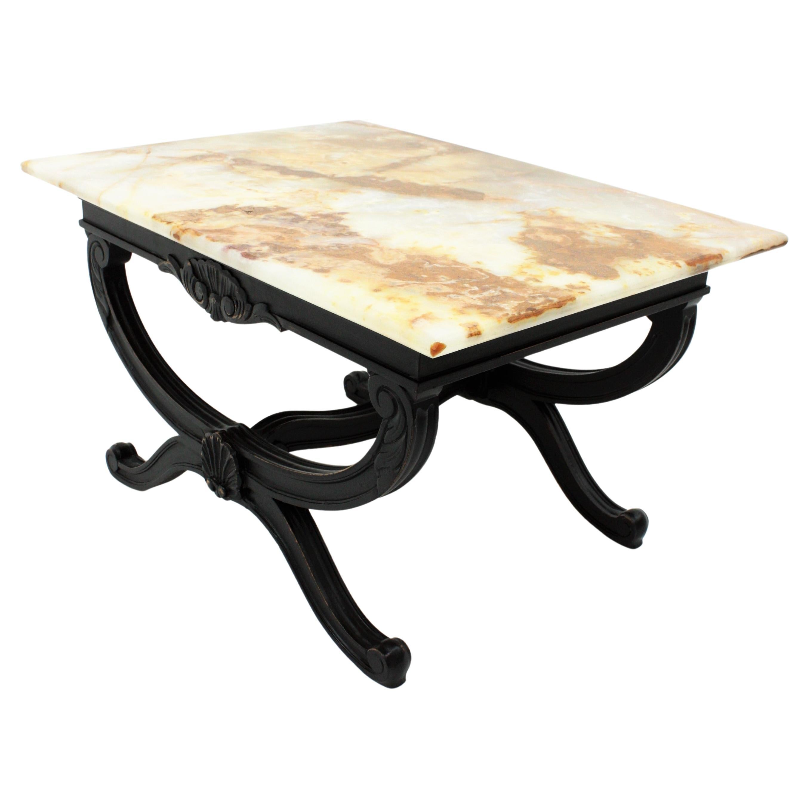 1950s French Carved Wood Coffee Table with Onyx Top For Sale