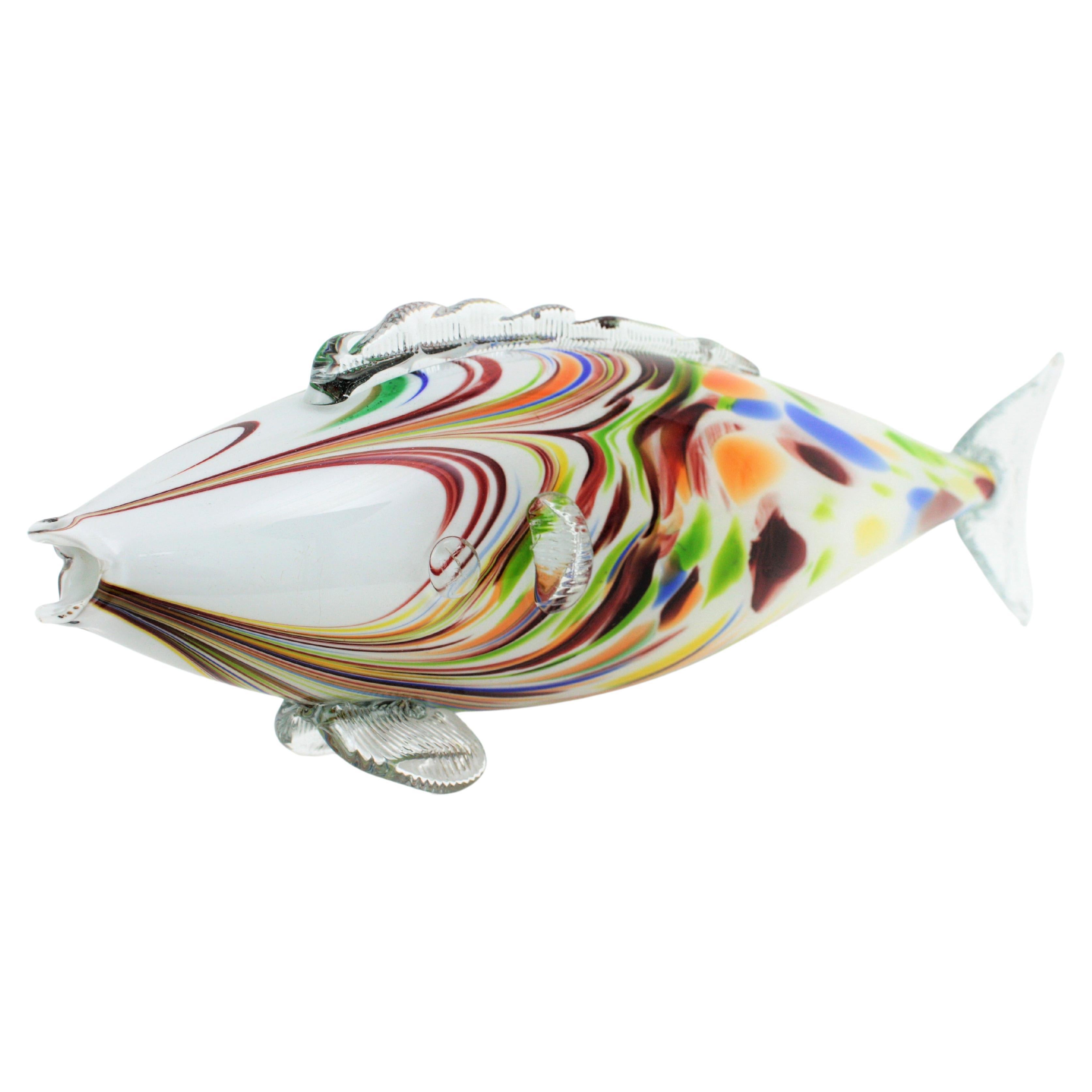 Midcentury Oversized Murano Multicolor Glass Fish Sculpture For Sale