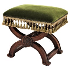 Antique Spanish Curule Stool in Wanut and Green Velvet Upholstery