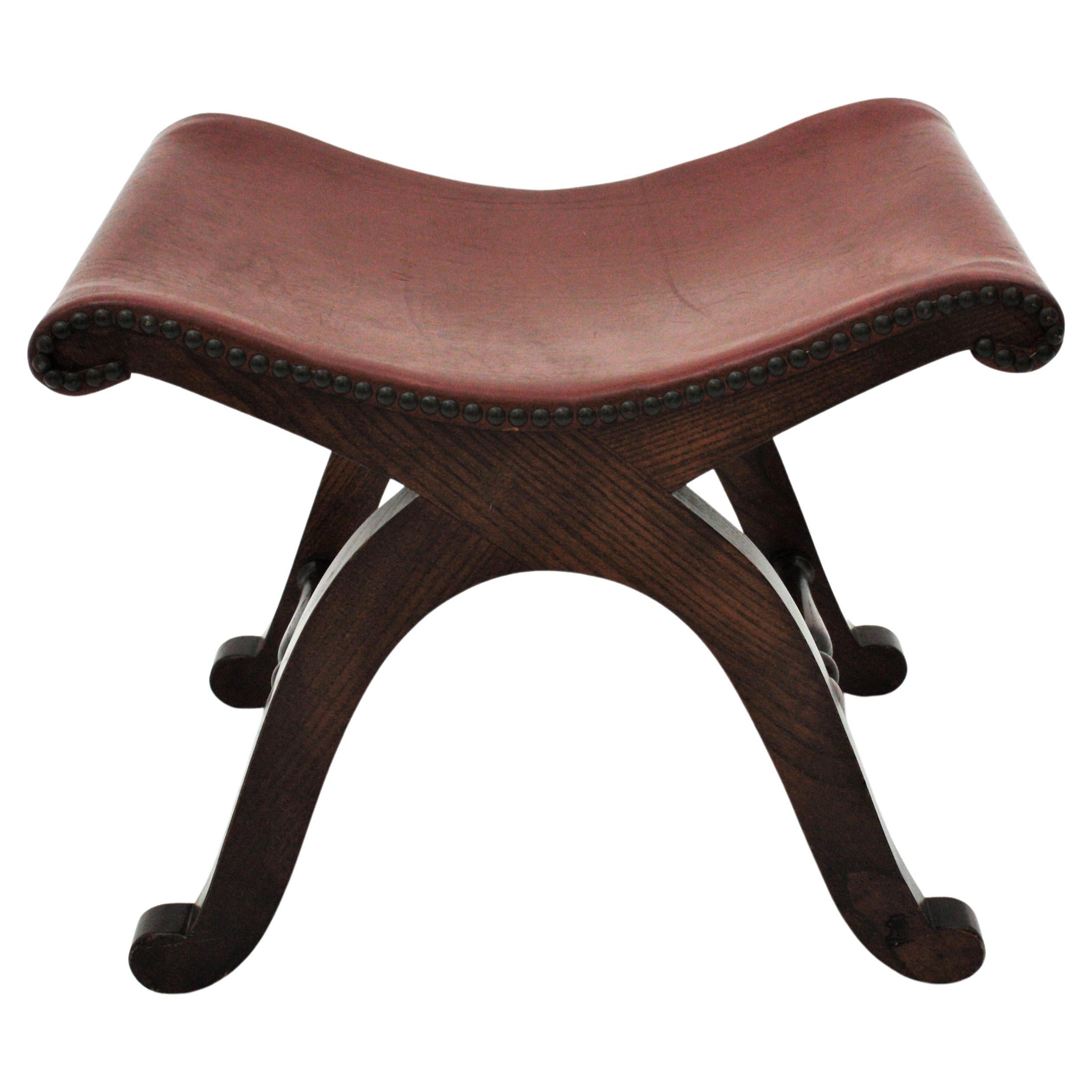Curule Stool by Pierre Lottier for Valenti, Wood and Leather For Sale