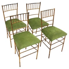 Set of Four Faux Bamboo Chairs in Gilt Iron, Original Green Upholstery, 1940s