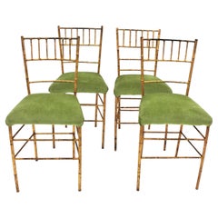 Set of Four 1940s Chairs in Faux Bamboo Gilt Iron and Original Green Upholstery