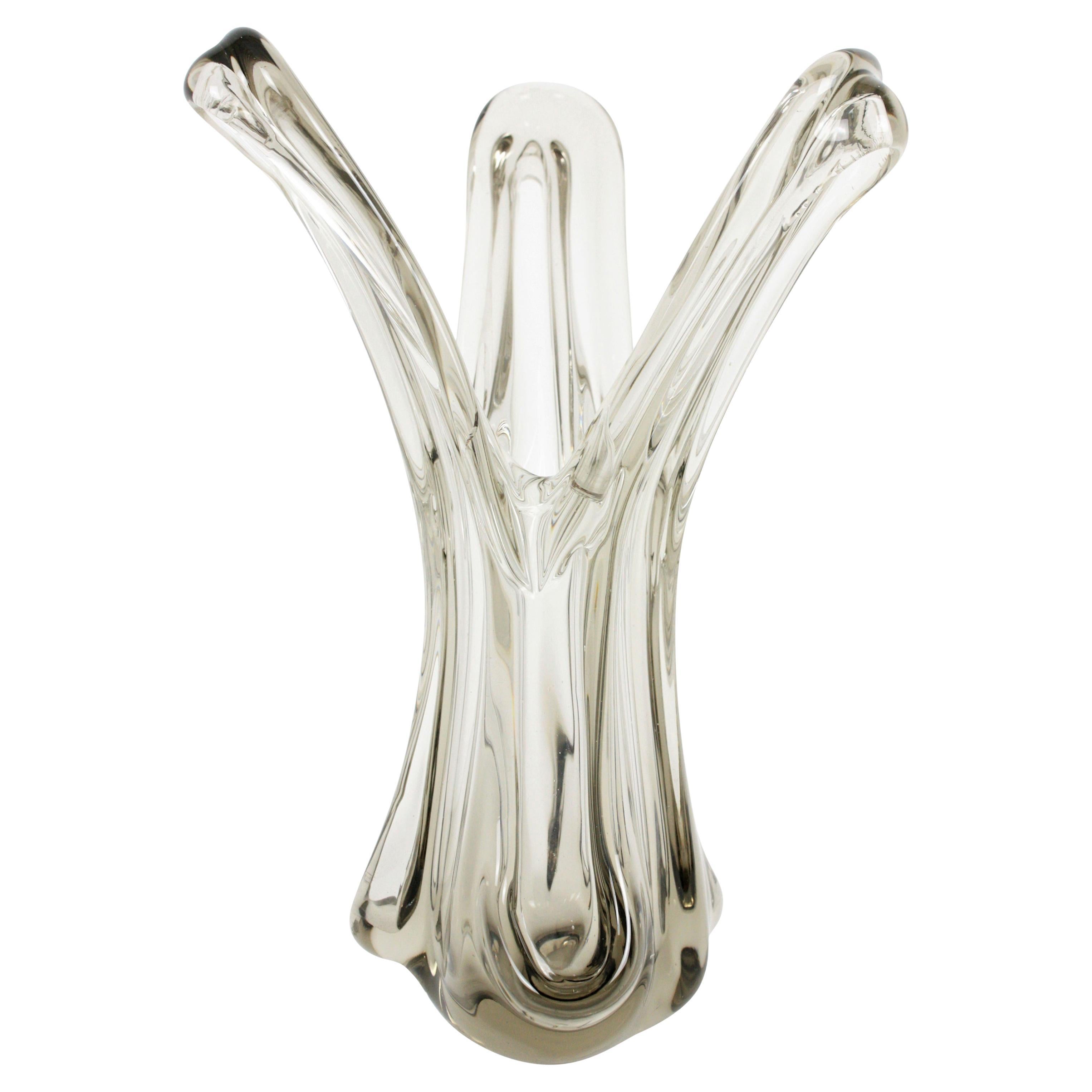 Large Midcentury Murano Smoke Clear Art Glass Vase