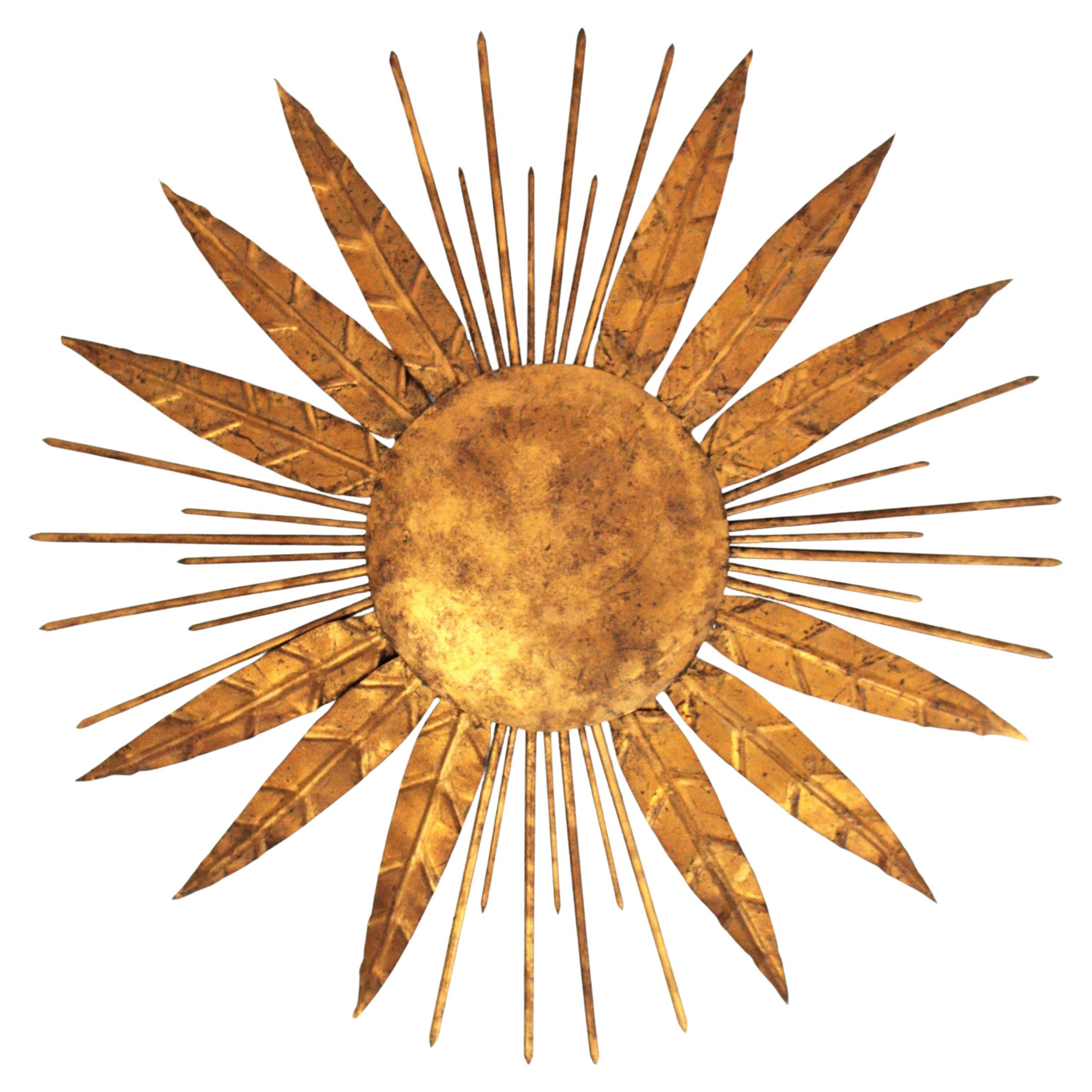 French Sunburst Spikey Light Fixture / Pendant in Gilt Iron, 1940s