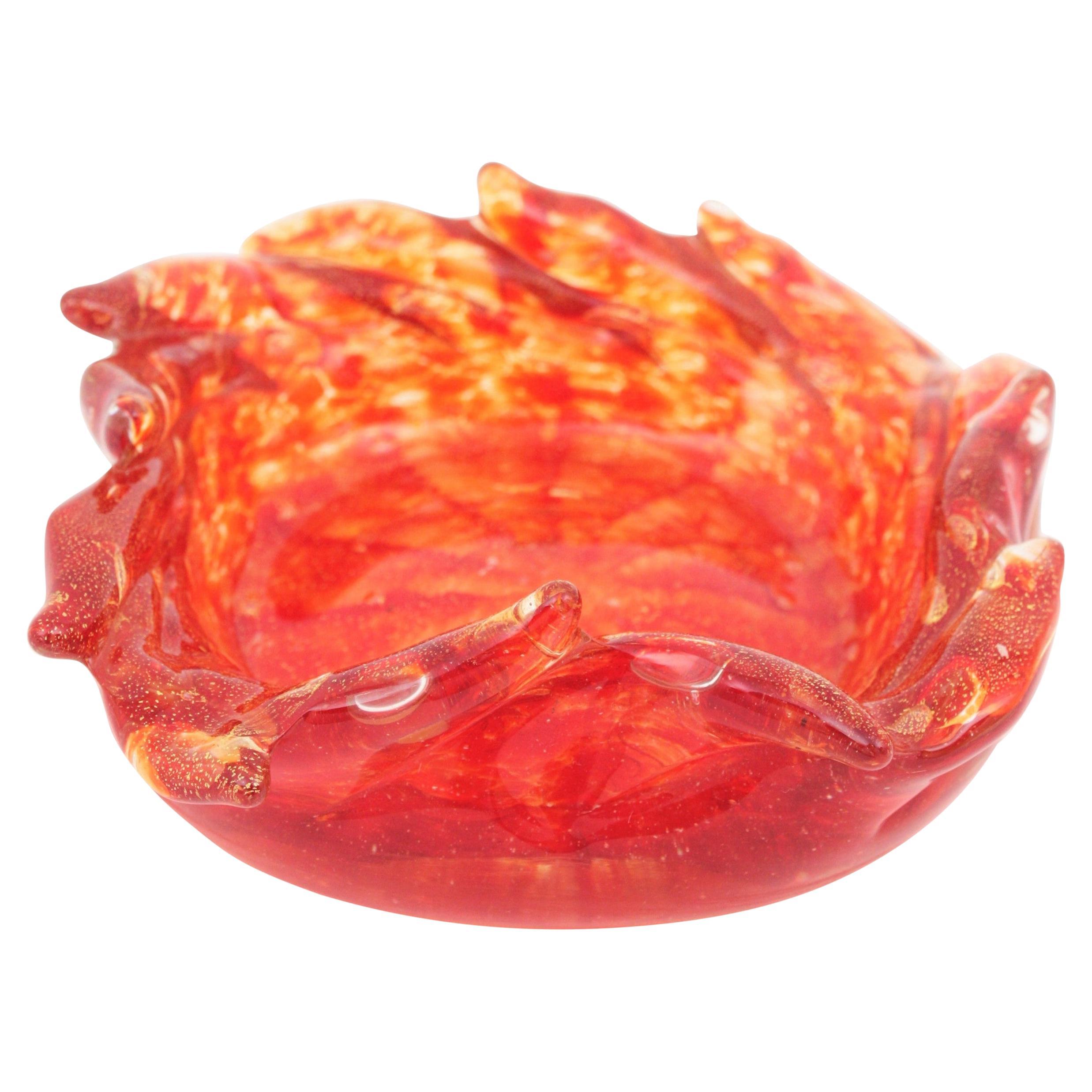 Mid-Century Modern Barovier Toso Murano Orange Red Swirl Art Glass Bowl with Gold Flecks For Sale