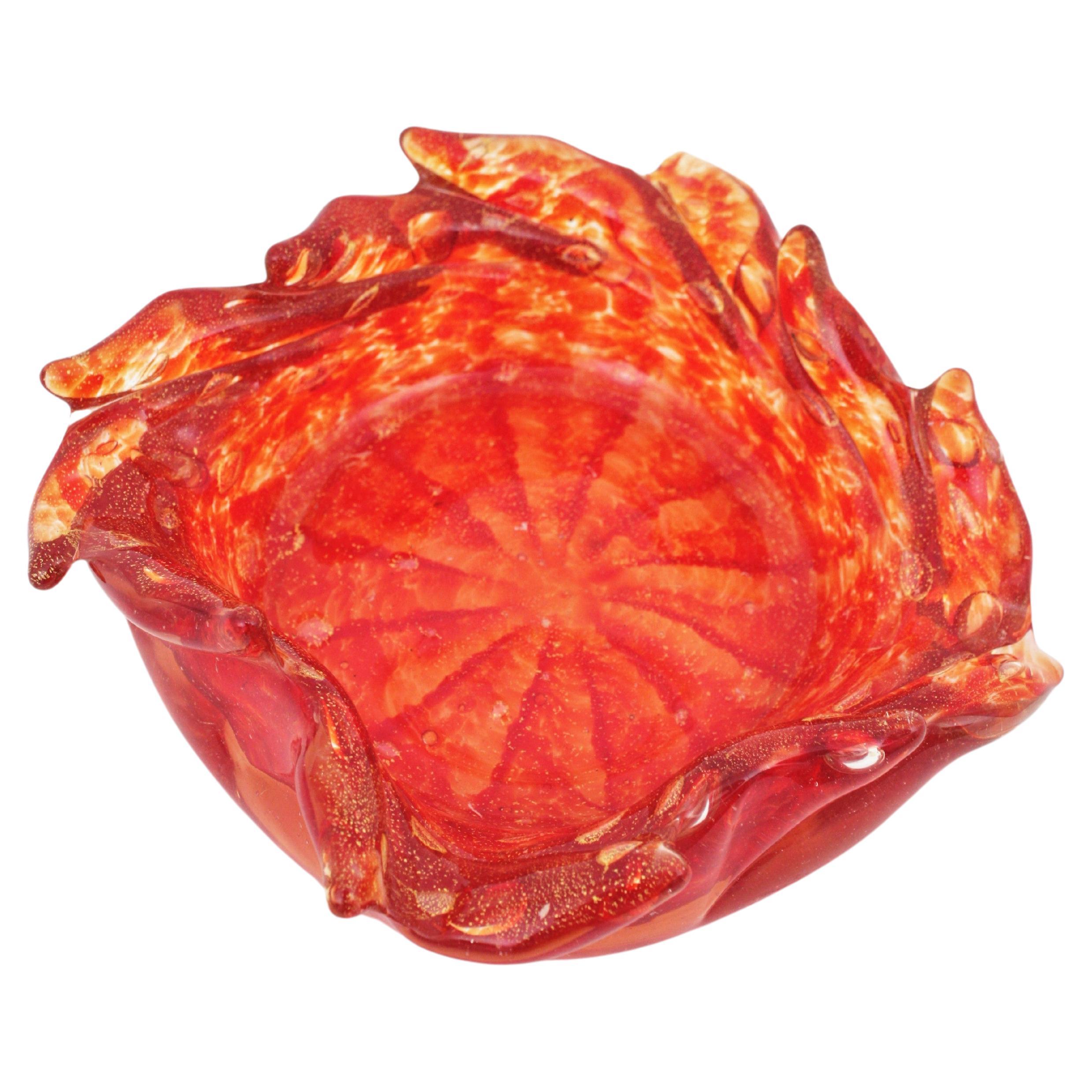 Barovier Toso Murano Swirl Goldflecken Orange & Rot Kunstglas Schale