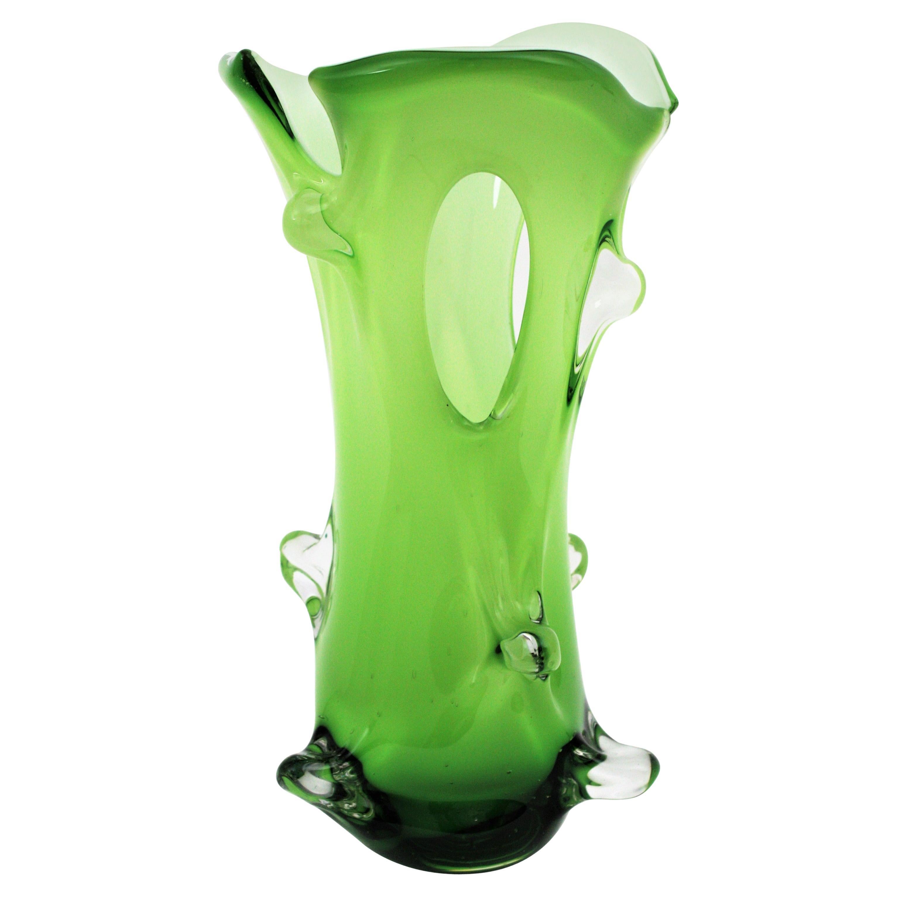 Murano Green Italian Art Glass Forato Vase For Sale