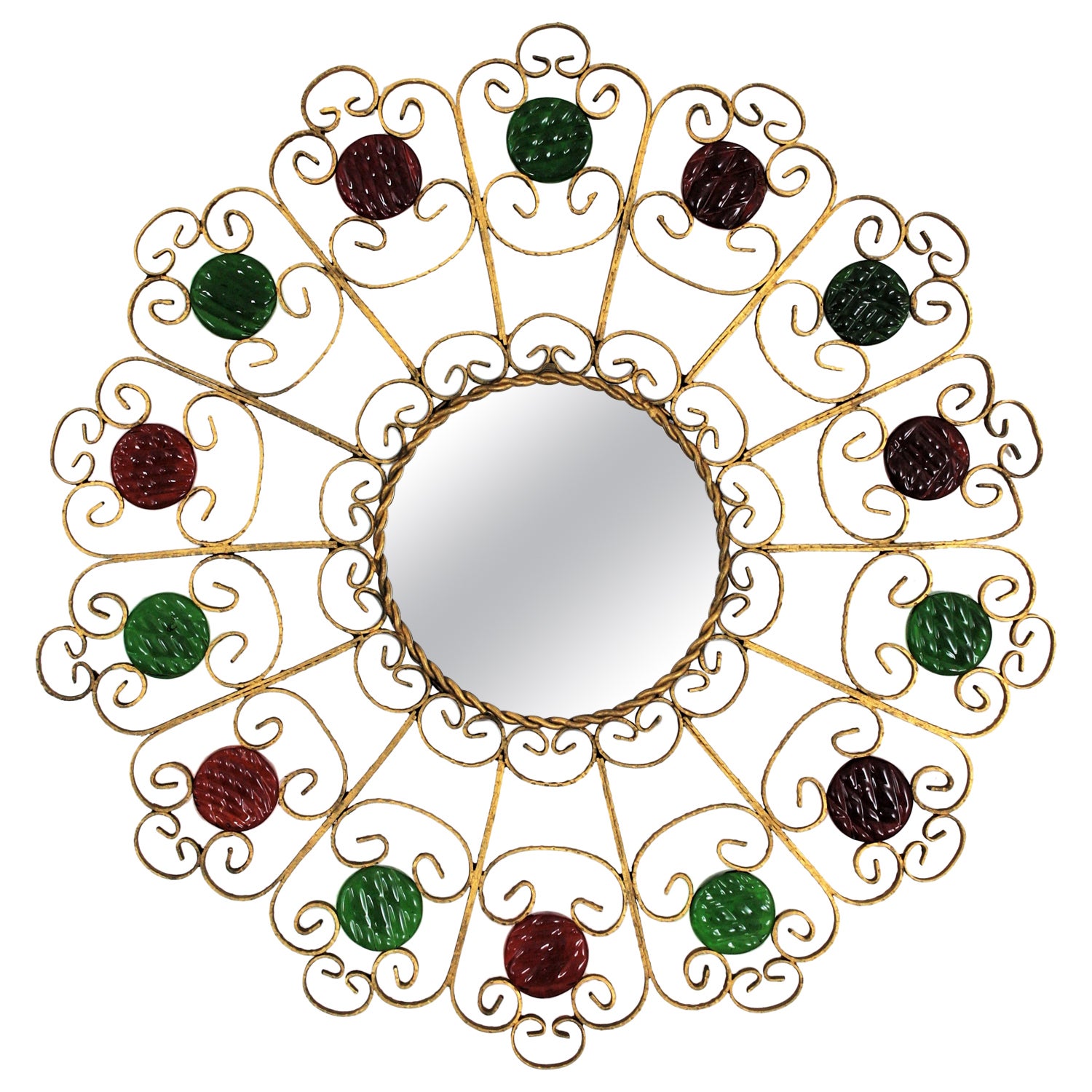 Sunburst Mirror in Gilt Metal and Red and Green Glass For Sale