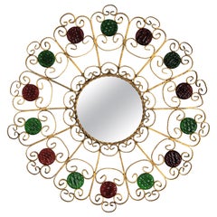 Vintage Sunburst Mirror in Gilt Metal and Red and Green Glass