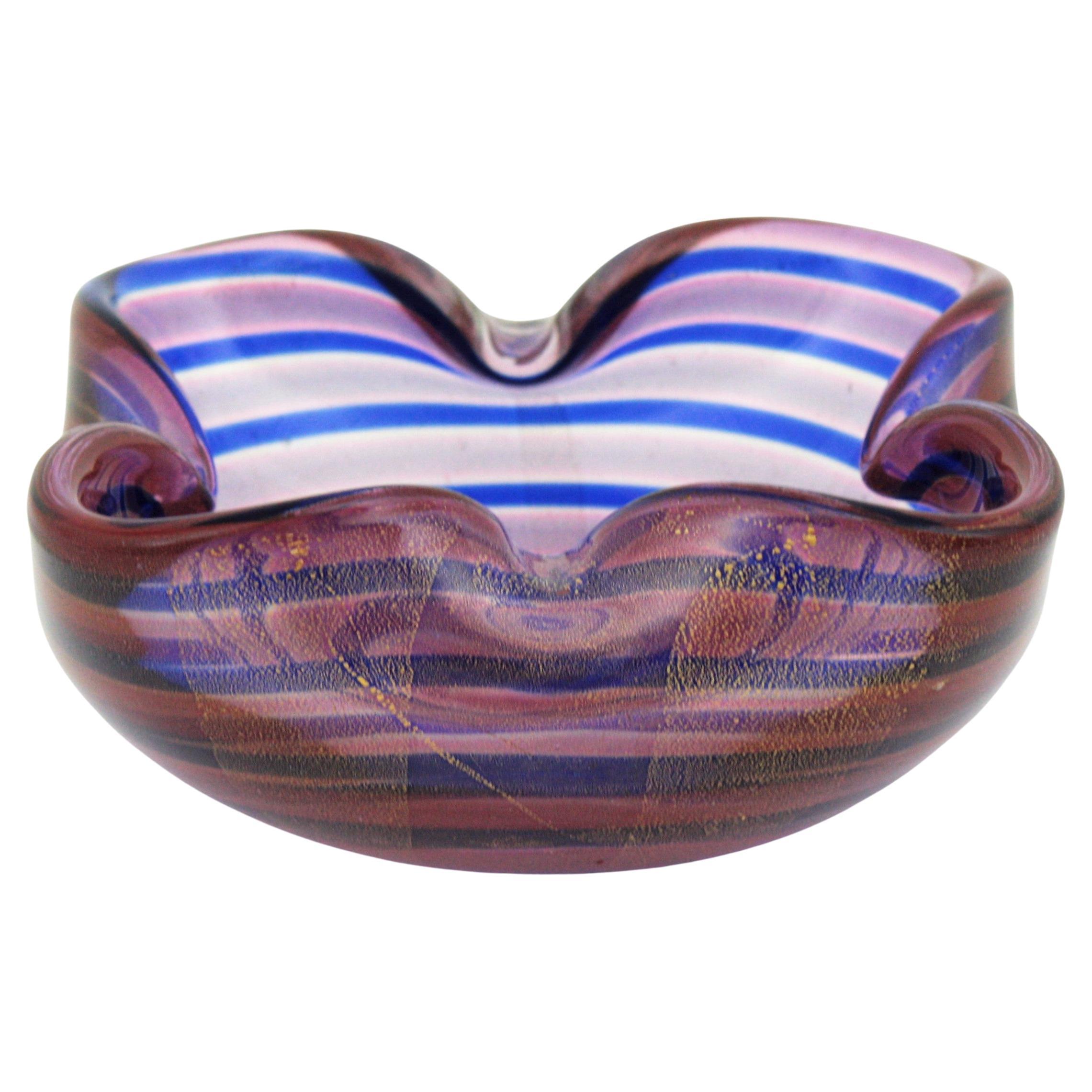Fratelli Toso Murano Pink Blue Gold Flecks Art Glass Bowl / Ashtray with Swirls