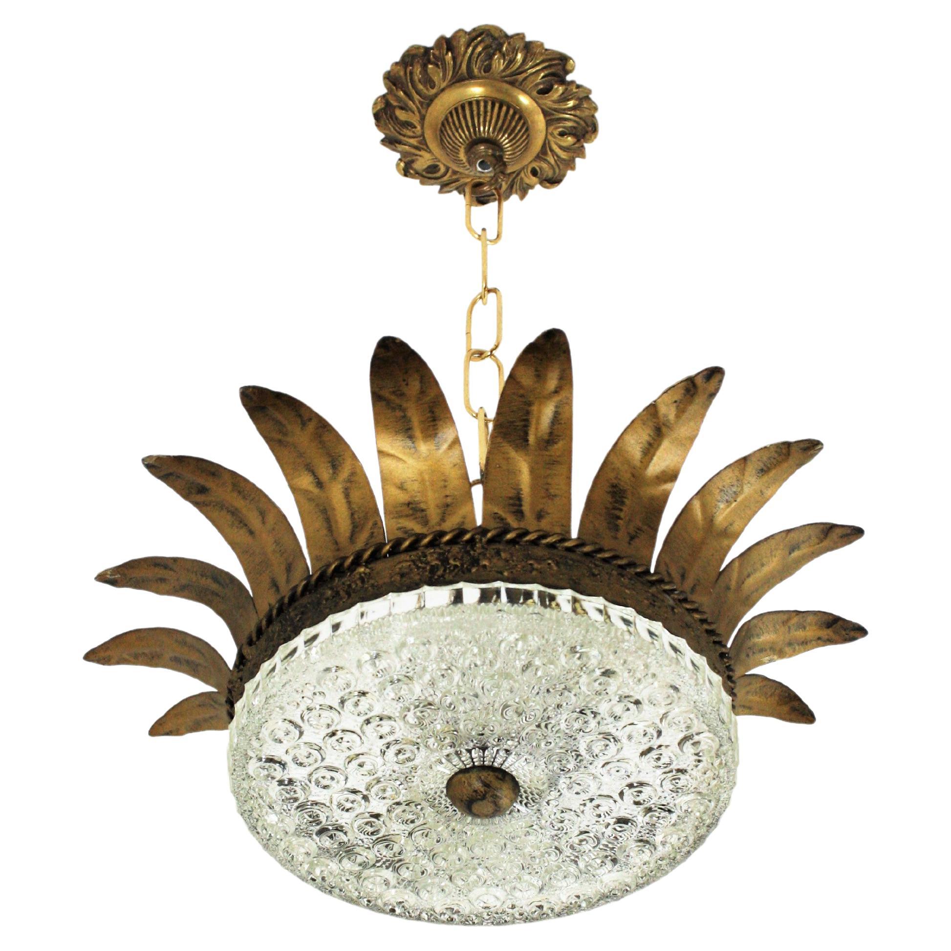 Sunburst Crown Flush Mount / Pendant in Gilt Metal and Glass