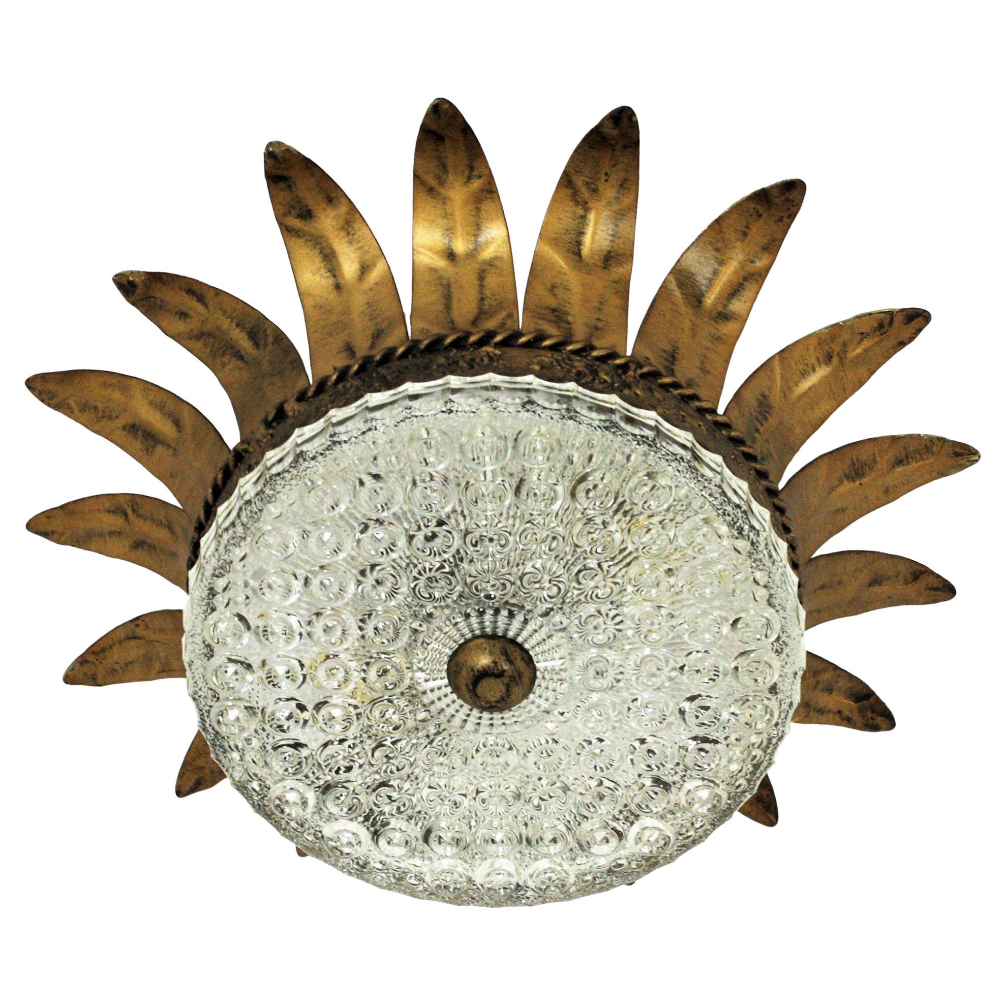 Colgante / Empotrable Corona Rayo de Sol en Metal Dorado y Cristal