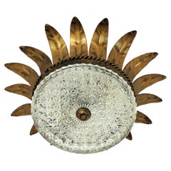 Sunburst Crown Flush Mount / Pendant in Gilt Metal and Glass