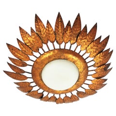 Apparecchio a raggiera dorato in ferro e vetro lattimo, Francia 1950