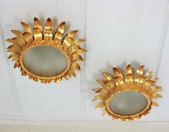 Pair of French Neoclassical Crown Sunburst Light Fixtures in Gilt Iron