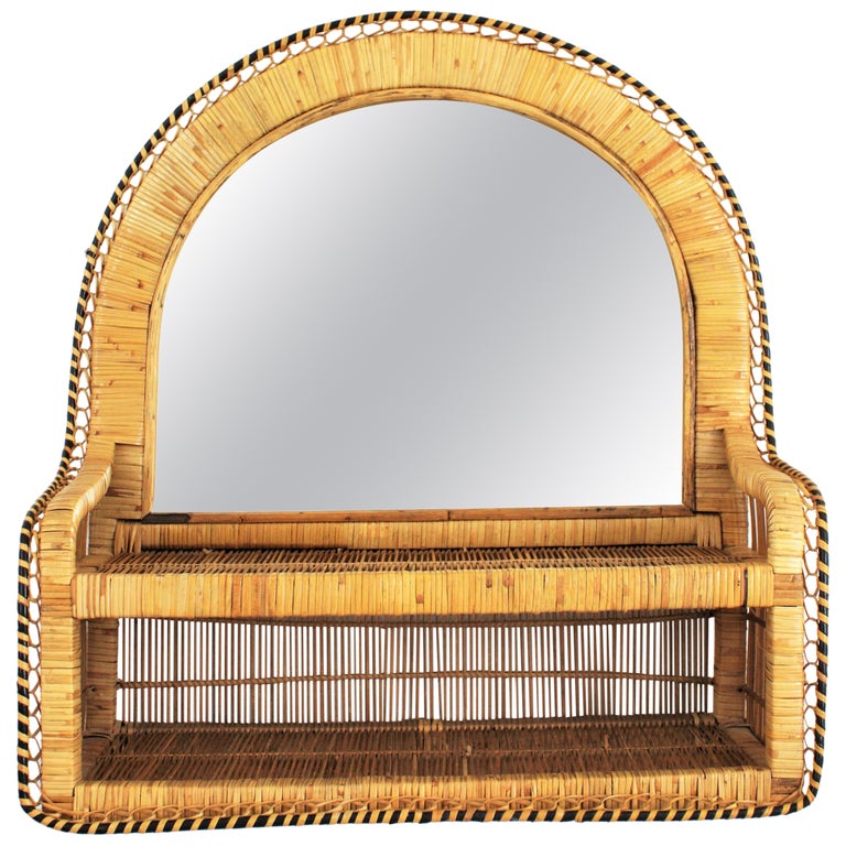 Rattan Woven Wicker Wall Mirror with Shelf, 1970s For Sale at 1stDibs