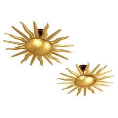 Pair of Spanish Sunburst Light Fixtures in Gilt Metal, 1950s