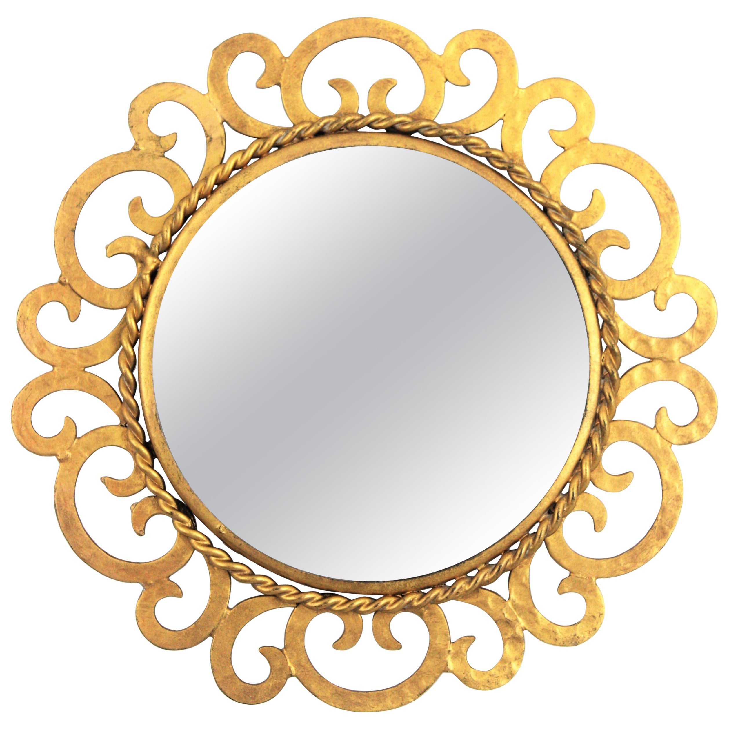Mini miroir Sunburst avec volutes, fer doré en vente