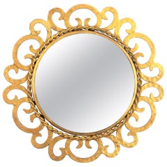 Vintage Mini Sized Sunburst Mirror with Scrollwork, Gilt Iron