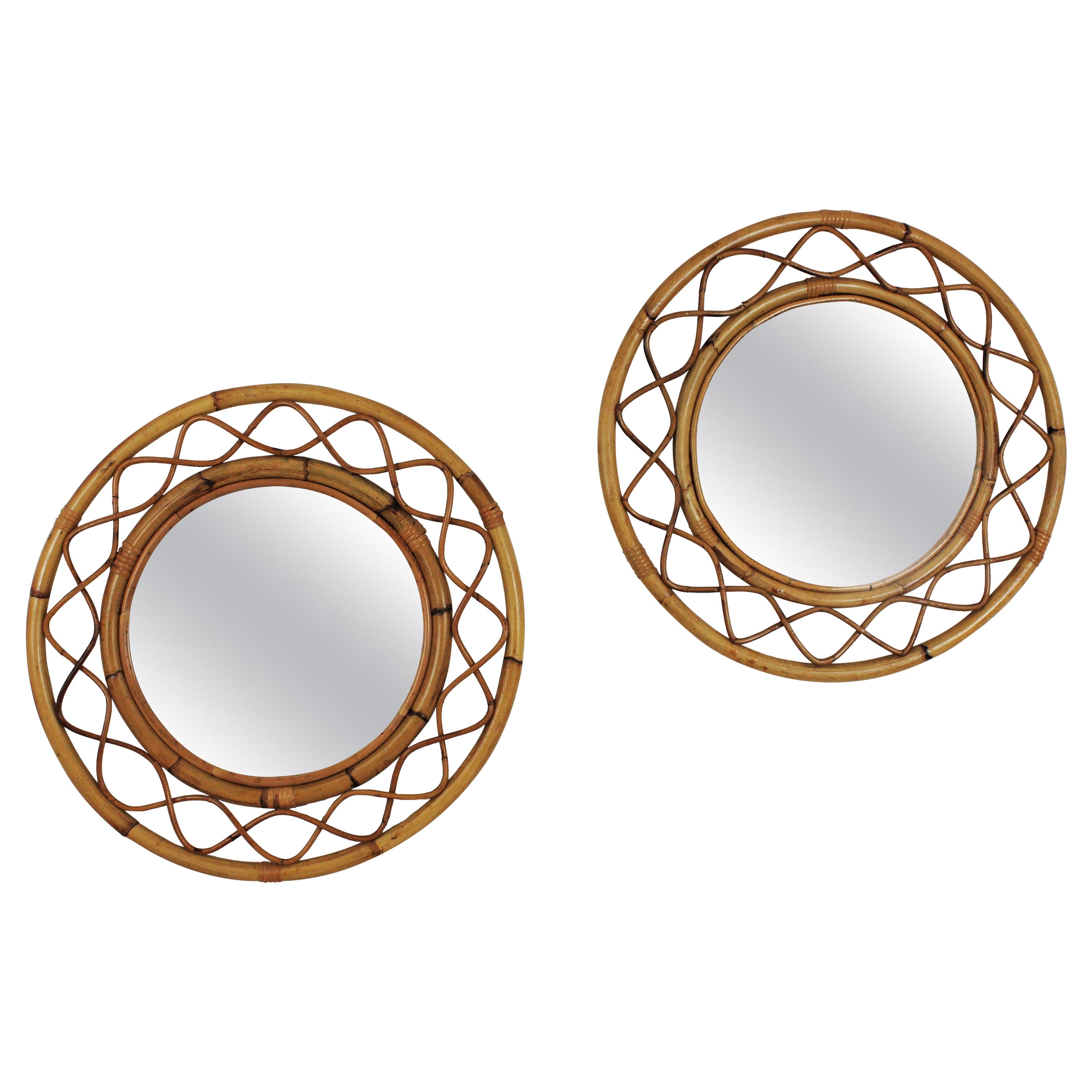 Pair of Rattan Bamboo Round Mirrors, Franco Albini Style For Sale