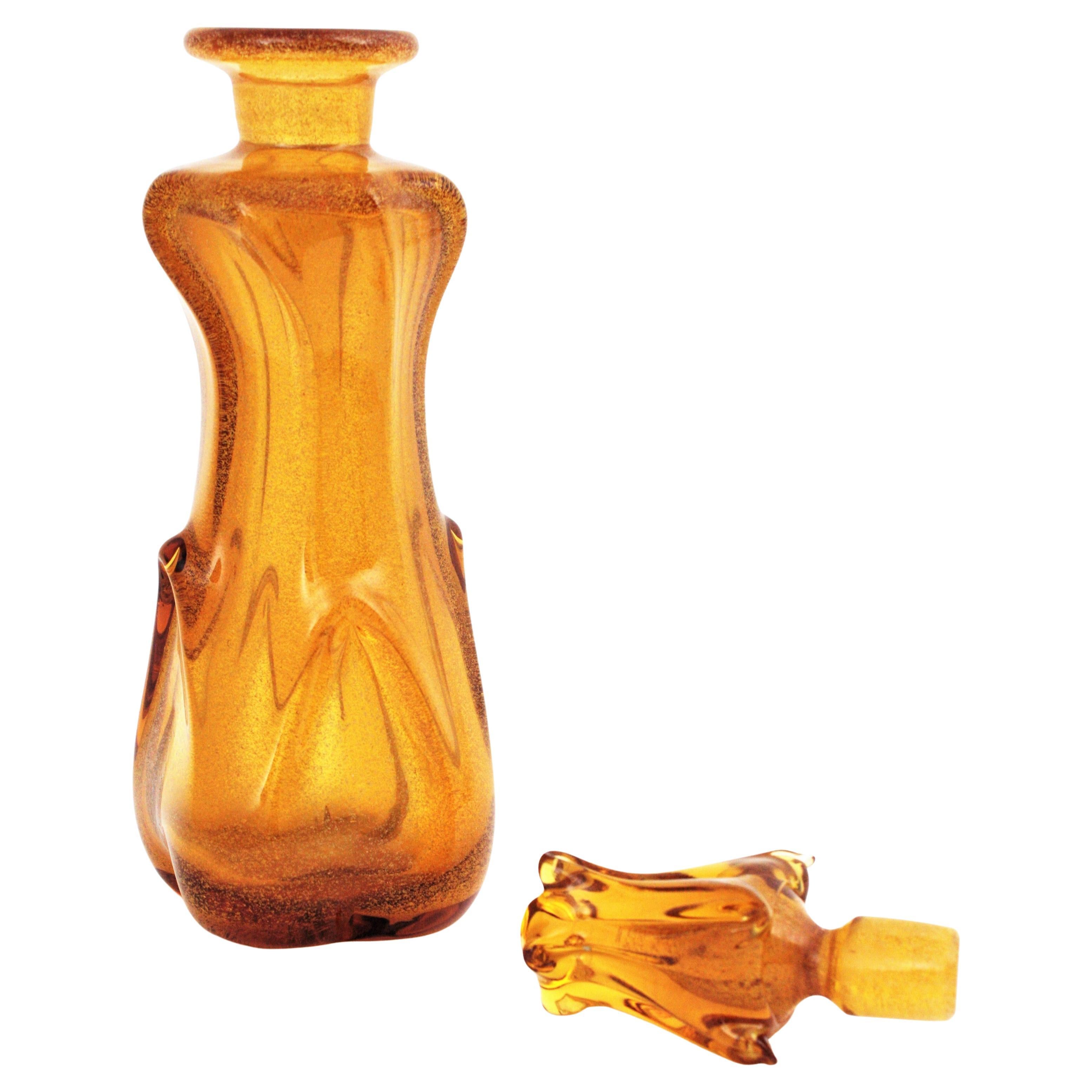 Archimede Seguso Murano Glass Decanter in Pulegoso Amber Orange Color