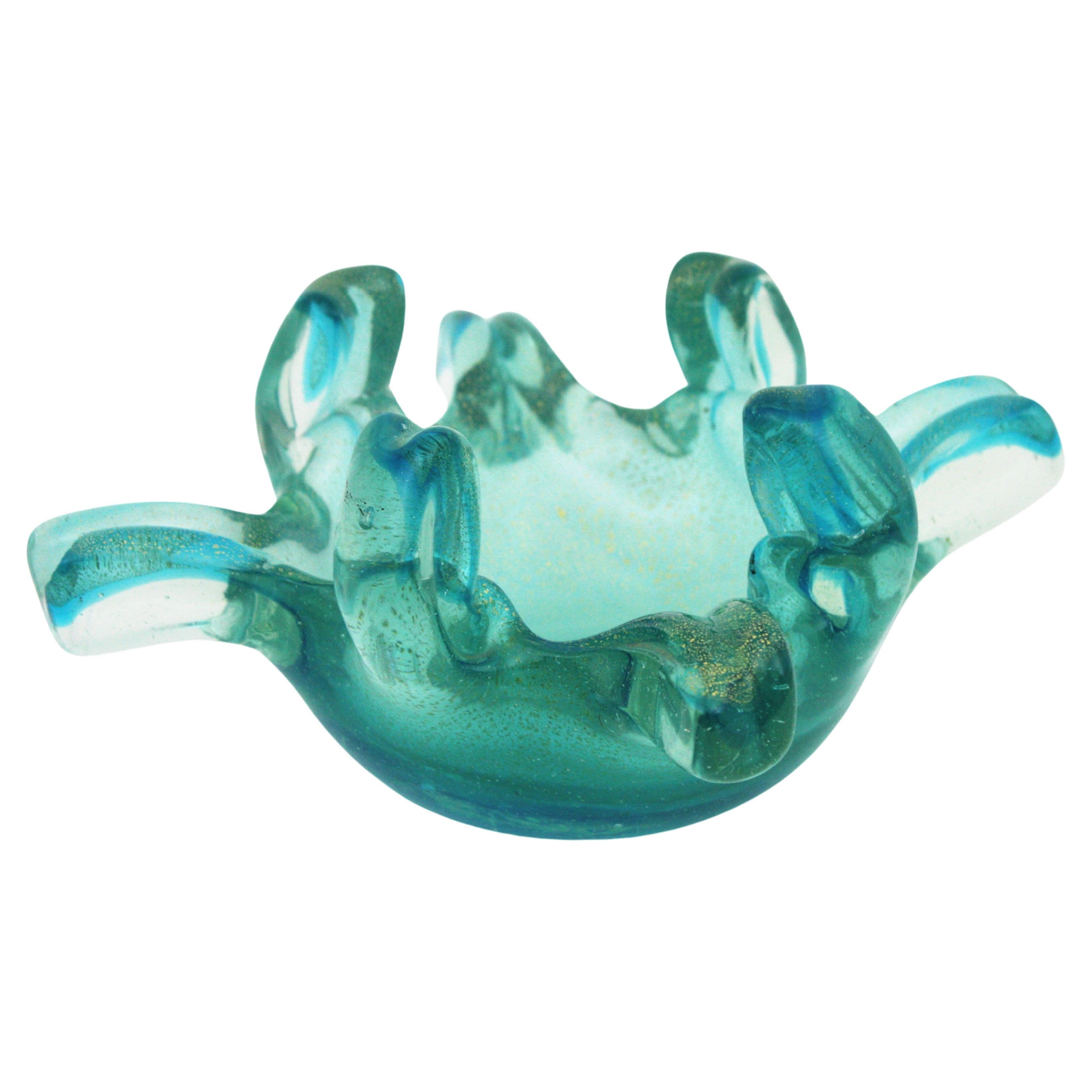 Murano Turquoise Blue Gold Flecks Italian Art Glass Bowl with Fingers Rim For Sale