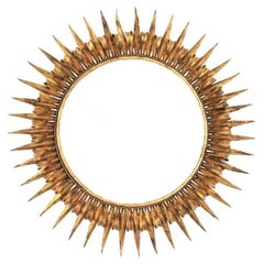 Grand miroir français Sunburst Eyelash, fer forgé doré