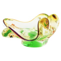 Seguso Murano Sommerso Amber Clear Green Organic Art Glass Bowl