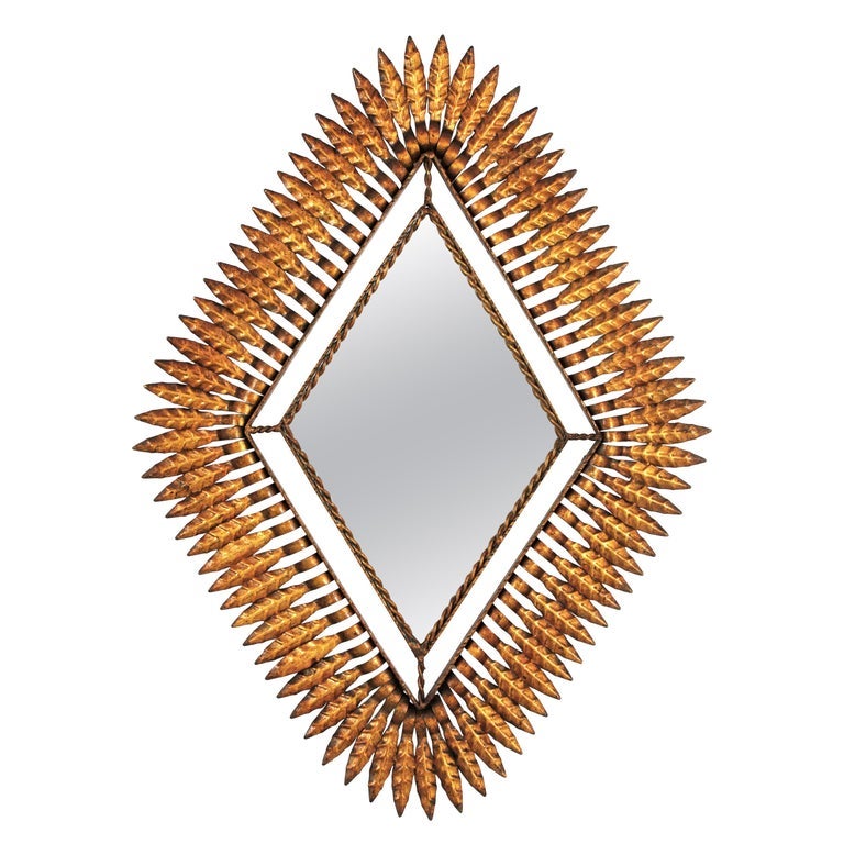 Sunburst Rhombus Wall Mirror in Gilt Metal