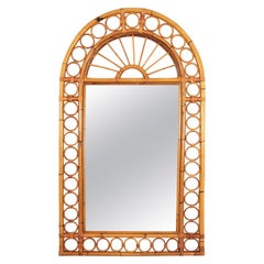Rattan Bamboo Wall Mirror with Rings Frame, Franco Albini Style